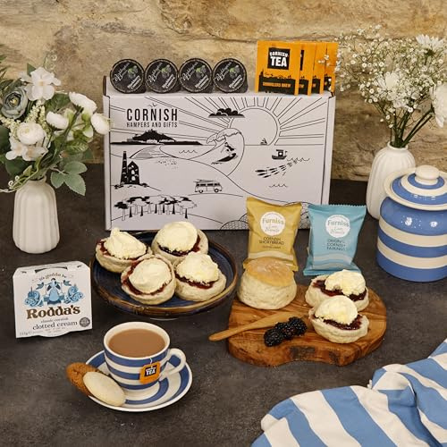 Luxury Hamper Gift Set Raspberry Cream Tea Hamper for 4 Deluxe Cream Tea - Fresh Scones, Tea, Raspberry Jam, Cornish Biscuts & Roddas Clotted Cream, Elegant Packaging Gift - Birthday, Anniversary.