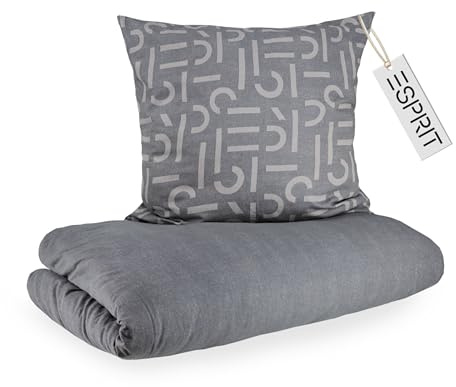 Esprit Flanell sängkläder, 155 x 220, bomull, grå – lyxigt sängkläder, 2 delar, ekologisk – mysigt varmt och fluffigt – 155 x 220–1, påslakan och 1 örngott, 80 x 80 cm, höst och vinter