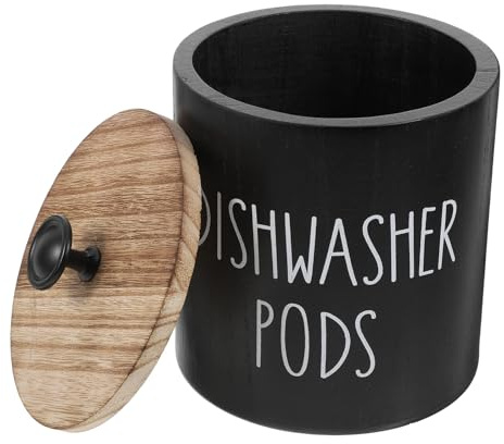 BESPORTBLE Trä Rund Diskmaskin Pod Behållare Lock, Tvätt Pod Dispenser Förvaringsbehållare för Kök och tvättstuga, Kompatibla diskmaskiner Tabletter och Doftpärlor, 1 st Slumpmässig stil