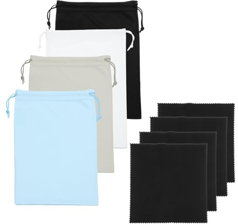 YELARXI Ski Goggle Bag, Microfiber Bag with Cleaning Cloth Drawstring Pouch Soft Storage Sleeve Case 4 Pcs & Black/White/Gray/Light Blue-Fitting for (Snow Swimming Goggle/Sunglasses)
