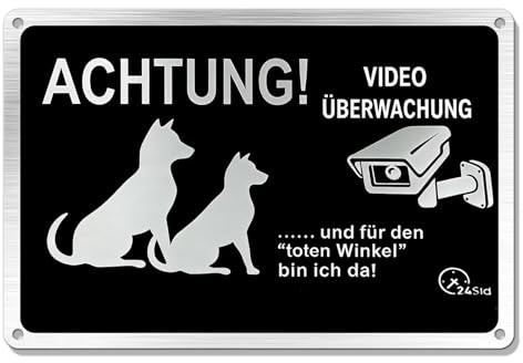 Achtung Hund Videoüberwachung Schild - Lustige Warnung vor dem Hund, aus Verdicktem Alu, Selbstklebend & Vorgebohrt (30x20 cm/A4), 1 Stück
