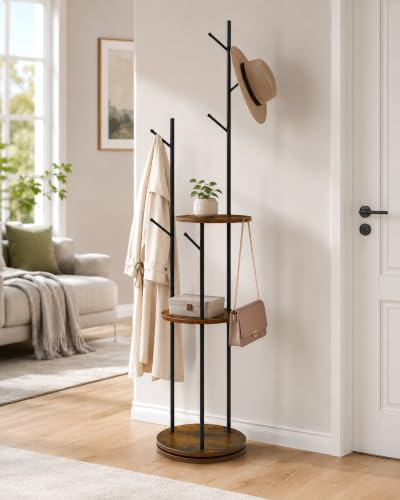 EGGREE Perchero giratorio 360°, perchero de pie con 6 ganchos y 3 estantes redondos, mueble recibidor para Entrada Dormitorio Salón, ahorro de espacio, estilo vintage marrón y negro, 40 × 40 × 176 cm