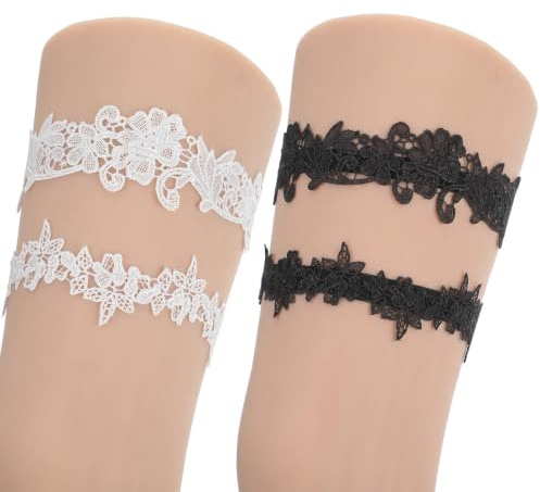 4 ligas de boda elásticas suaves de encaje floral para la pierna, ligas para novia, ligas de novia para mujer, color blanco y negro