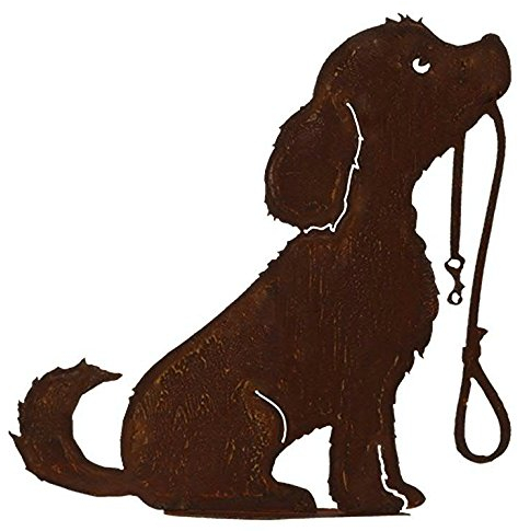 Dekoration Gartenfigur - Hundedeko: Hund mit Leine auf Bodenplatte - Höhe 50cm - Edelrost Gartendekoration/Rost Dekohund