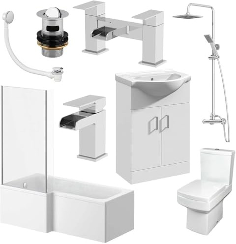 Affine Complete Bathroom Suite Left Hand L Shaped Shower Bath 550mm Basin Vanity Unit 2 Door Close Coupled Toilet Shower Tap Set