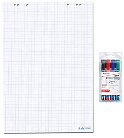 Herlitz Flipchartblock, 68x99cm (kariert/gelocht) 20 Blatt je Block inklusive 4er Qualitätsmarker Set (Kariert 5 Blöcke, Inkl. 4 Marker) (Kariert, Inkl. 4 Marker) (1)