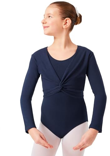 tanzmuster ® Kinder Ballett Langarm Top - Mia - mit Twist (Wickeloptik) - aus sehr weichem und festem Baumwollstoff - in marineblau, Größe:140/146