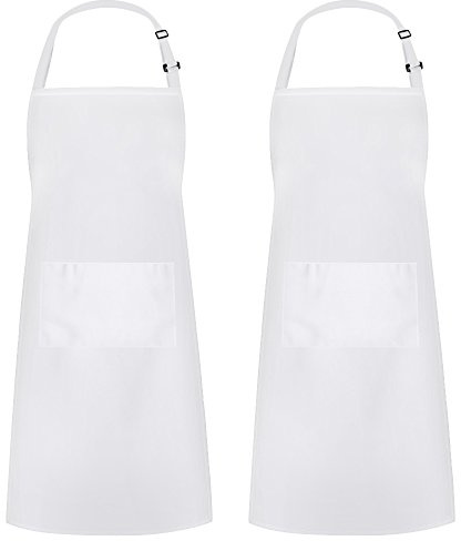 Syntus 2 Pack Adjustable Bib Apron Waterdrop Resistant with 2 Pockets Cooking Kitchen Aprons for BBQ Drawing, Women Men Chef, White
