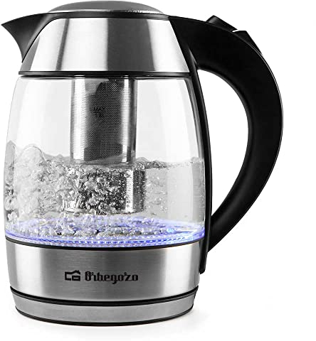 Orbegozo KT 6040 – Hervidor de agua con filtro para infusiones, jarra de vidrio extraíble, mango de tacto frío, iluminación LED, libre de BPA, 2200 W