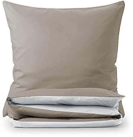 Blumtal Premium Extra Weiche Winter Bettwäsche Wendedesign 135x200 cm & Kissenbezug 40x80 cm - Bettbezüge Mikrofaser, 2 teilig, Weiß / Taupe