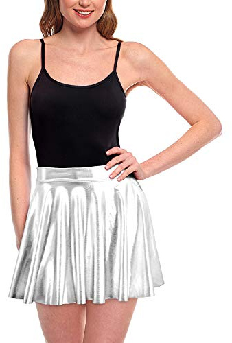 Faldas Mujer Cortas Plisada Plateada Metalizada Brillante [Falda Skater Patinaje]【Talla S】 Multifunción Disfraz Baile