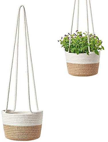 WBYNB Blumentopf Hängende Pflanzenkorb, Hängender Blumentopf aus Baumwollseil, Blumenampel Hängend Innen, Natürlicher Hängetopf Korb, Geeignet für Innen-und Außendekoration (Großes Format) (Kleine)