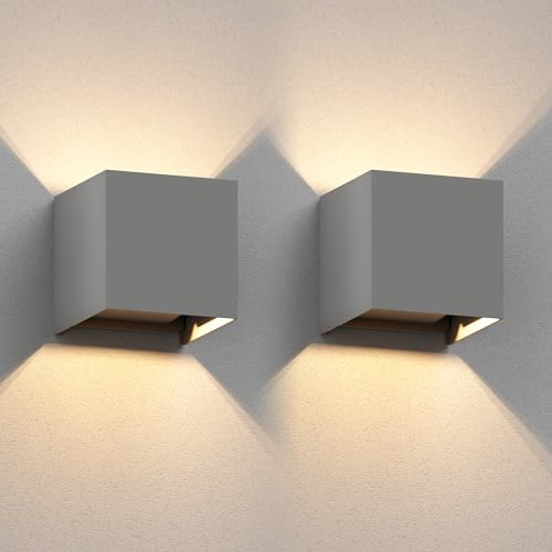 ledscom.de 2x Wandleuchte CUBEL für außen, grau, IP65, Up & Downlight, quadratisch + LED Lampe 501lm, warmweiß