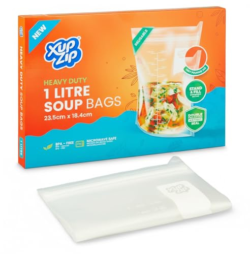 20 x XupZip 1000ml Soup Bags - Clear Soup Bag 23.5 x 18.4cm - Heavy-Duty Freezer Bags - Airtight double Seal, Easy Pouring Tab - Standing Food Storage Bags - Reusable Freezer Bags for Soup Storage