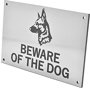 Akta dig för hunden (schäfer) – lätt att se varning, inomhus/utomhus, avskräckande skylt (silver)