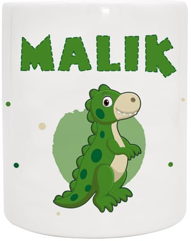 Personalisierte Spardose mit Namen und Dino | Tyrannosaurus Rex | Keramik Sparbüchse mit Wunschname, beidseitig bedruckt, Gummistopfen an der Unterseite, 95 x 80 mm, Geschenk für Kinder