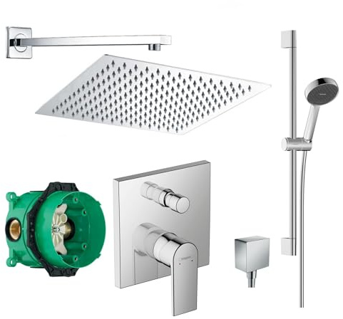 vanvilla Duschsystem Unterputz mit Duscharmatur Hansgrohe poliert HG33 | Duscharmatur von Hansgrohe Vernis Shape Einhebelmischer und vanvilla Regendusche eckig, Duschstange Dusch-SET poliert