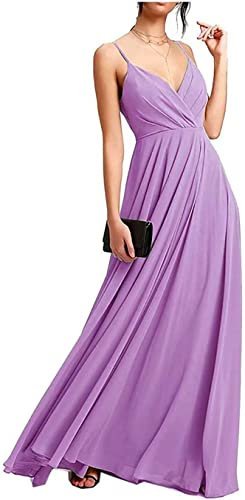 KURFACE Damen V-Ausschnitt Hochzeit Brautjungfer Kleider Lange Spaghettiträger Chiffon Maxi Formal Abendkleid, Flieder, 32