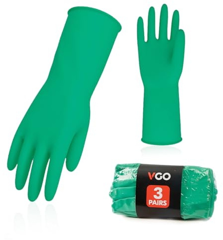 Vgo... 3 par återanvändbara hushållshandskar, gummi diskhandskar, extra tjocklek, långa ärmar, köksrengöring/arbete/trädgårdsarbete (storlek L, grön, HH4601, 3 par)