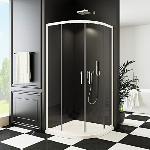 Runddusche Duschkabine 90x90cm Schiebetür Doppel Weiß Viertelkreis Dusche Eckeinstieg Duschtür Duschabtrennung Eckdusche 6mm ESG NANO Beschichtet Sicherheisklarglas Höhe 185cm