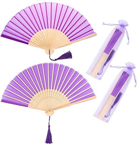 Handfächer, 2er Klein Handfächer aus Stoff, Faltbar Fächer (Helles Lila) | mit Quaste und Fan-Tasche, für eine Abkühlung im Sommer, für Hochzeite Bevorzugung Aufführung Tanz Dekoration