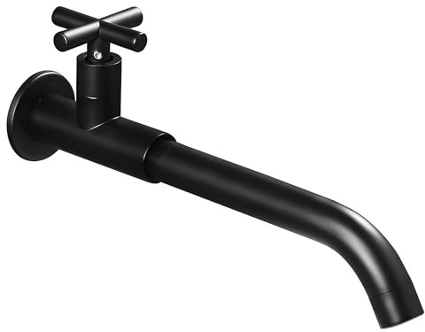 NIUKOMY Wandmontierte Kaltwasserarmatur Schwarz, 26 cm | Wserhahn Grten Lang Schwarz aus Messing, 360° Schwenkbarer, Wandarmatur für Badezimmer Auße Gartenspüle Waschtrog