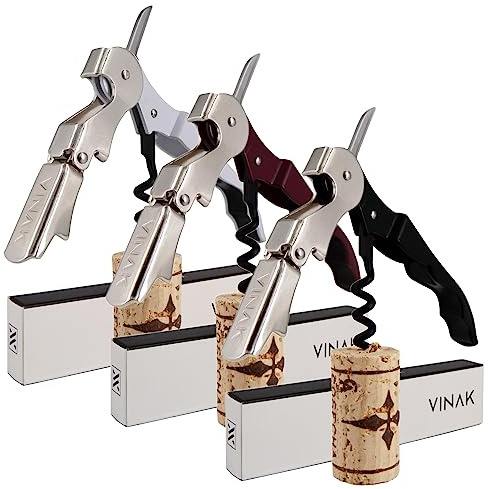 VINAK - Pack de 3 sacacorchos CAMARERO profesionales en acero inoxidable con abrebotellas + doble apoyo articulado + navaja cortacápsulas y espiral teflonada