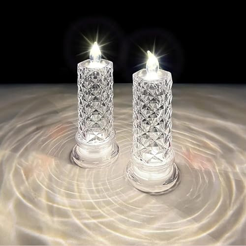LED Candle Lights with Rose Shadow, 2Pcs Realistic Bright Flameless Candles Light, Battery Operated LED Pillar Candles,Electric Fake Candle for Wedding Party Halloween Christmas Decor (White,2Pcs)