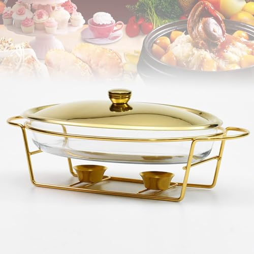 BOBVB 3L Food Warming Container, Chafing Dish Buffet Set with Glass Pot, Metal Lid, Stainless Steel Stand, Heat Container for Parties Buffets Weddings Parties Banquets Catering Events gold