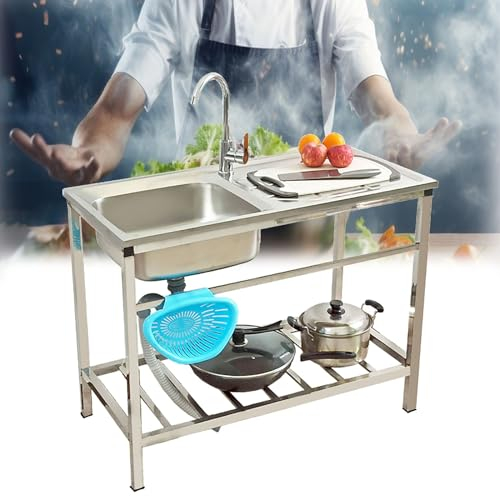 Plonge Inox Evier Exterieur De Jardin Avec Support De Rangement Evier De Cuisine Evier De Garage Avec Robinet Et Établi Forte Stabilité Commerciale Lavabo Inox 1 Bac Facile À Installer/nettoyer ( Size