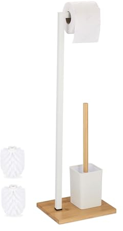 Relaxdays WC Garnitur, stehender Klopapierhalter, Toilettenbürste mit Bürstenhalter, Edelstahl & Bambus, weiß/natur