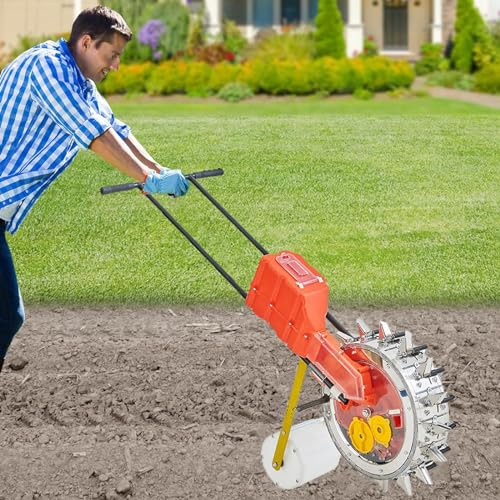 Dfdieratve Garden Seeder Row Planter, Hand Push Seeder Machine w/16 Holes Row Seeding Sowing & Fertilizer Applicator, Walk-Behind Row Crop Planter for Sowing Seeds, Corn, Soybeans