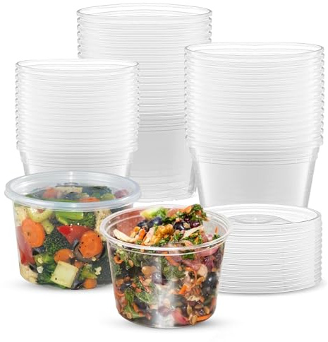 CHEF ROYALE 25 x 16oz Plastic Round Clear Tub Containers With Lids - Microwave Safe Tub Pots - Meal Prep & Takeaway Storage Box - Freezer & Dishwasher Safe (25, 16oz)