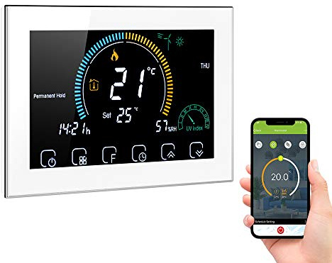 Aoresac Termostato 95-240 V Wi-Fi Smart Termostato programmabile 5+1+1 + 1 sei periodi Controllo vocale APP Retroilluminazione LCD Regolatore di riscaldamento acqua/gas (bianco)