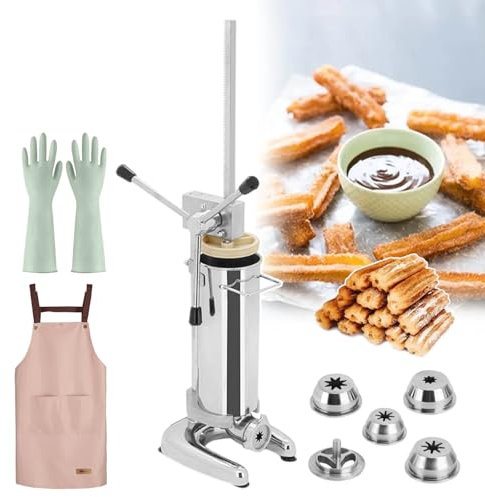 smafoseedding Riempitrice per Ciambelle da Dessert in Acciaio Inossidabile, Macchina per Churro Manuale, con 4 Paia di Guanti E 5 Stampi E 1 Grembiule, Grande capacità E Dimensioni Compatte,2L
