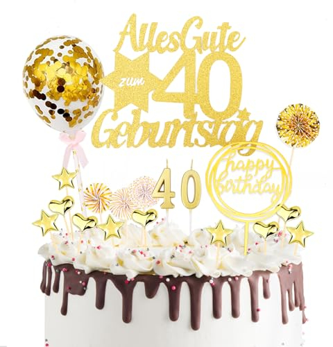 DazzJoy 19 Stück Tortendeko 40. Geburtstag Gold Cake Topper, Alles Gute zum 40. Geburtstag, Torten Deko mit Geburtstagskerzen, Kuchendeko für Frauen