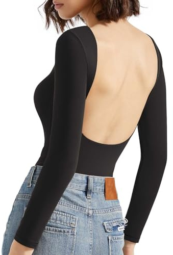 SUUKSESS Women Backless Y2k Long Sleeve Bodysuit Double Lined Open Back Sexy Basic Top(Black,Medium)