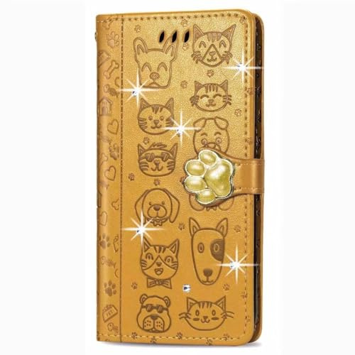 Handyhülle für TCL 505 Hülle Case Glitzer Strass Katze Hund Flip Cover PU Leder Tasche Book Flipcase Schutzhülle Handytasche Skin Ständer Klapphülle Schale Bumper Brieftasche Gelb