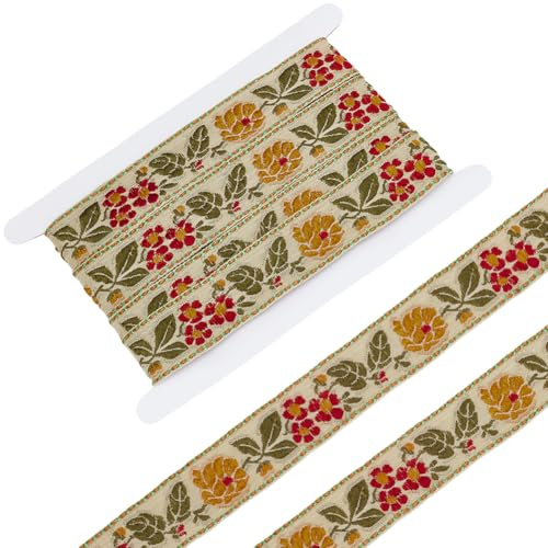 FINGERINSPIRE 5 m Blumenband Mit Stickerei Im Ethnischen Stil 32mm Breit Blasses Goldruten Blumenband Floral Besticktes Jacquardband Vintage Webbesatz Für Heimwerker Basteln Nähen Kleidungszubehör