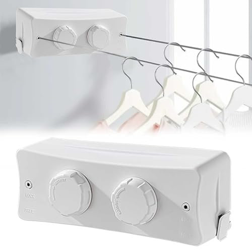 GAESHOW Corda per Biancheria Retrattile, Stendibiancheria Retrattile da 5,1 m, Acciaio Inossidabile Corda da Bucato Riavvolgibile, 2 Corde, Linea di Lavanderia Pegolabile per Interni Bagno(Bianco)