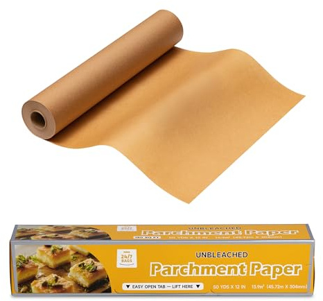 24/7 Bags- Parchment Paper Roll, 150 Sq Ft, 12 Wide, Non-Stick, Unbleached, Food Safe, Serrated Cutter, for Baking, Air-Fryer & Cooking