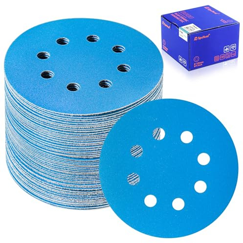 SpeTool Papel de lija de 125 mm, 60 unidades, con velcro, 320 granos, para lijadora excéntrica, 8 agujeros, cerámica, redondo, para madera, resina epoxi, metal, superficie de chapa automotriz