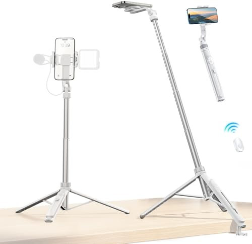 ULANZI TT88 145 cm Overhead Selfie Stick, Multifuncional magnético y de sujeción 2 en 1, Palo Selfie Trípode Blanco para Móvil y Cámara con Control Remoto