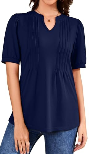 WUWUSKY Bluse Damen Tunika Sommer Longshirt Kurzarm Blusen Longbluse Lässig Blusenshirt Sommerbluse Longtunika Blusen Tops,Marineblau,3XL