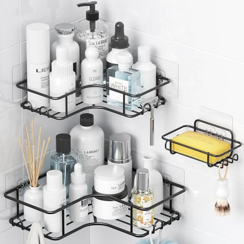 Yeabett Organizador de ducha, 3 unidades, almacenamiento de esquina para baño, sin taladrar, accesorios de baño de acero inoxidable a prueba de óxido, color negro