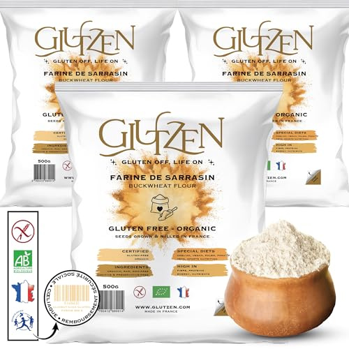Farine de Sarrasin Bio GLUTZEN. Cœliaque, IG Bas, Keto, Vegan | Compatible Machine à Pain, Pain Sans Gluten, Farine Pizza, Pâtes Sans Gluten, Pancakes, Biscuits, Muffins. Sans allergènes