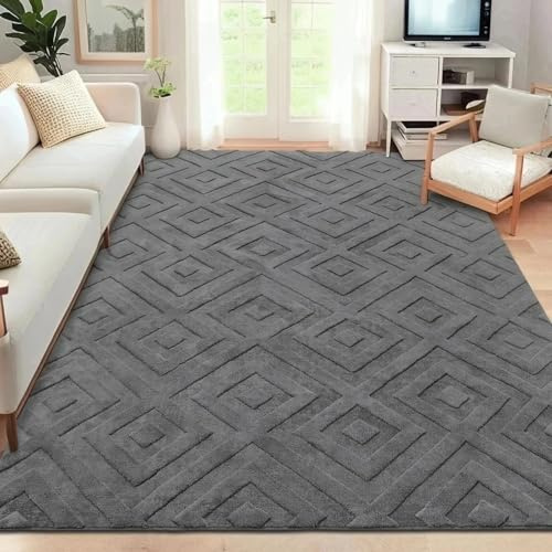 USTIDE Grey Geometric Rug 5.3x7.5ft Soft Modern Area Rug for Living Room, Non-Slip Washable Short Pile Carpet for Bedroom, Dining Room, Home Office