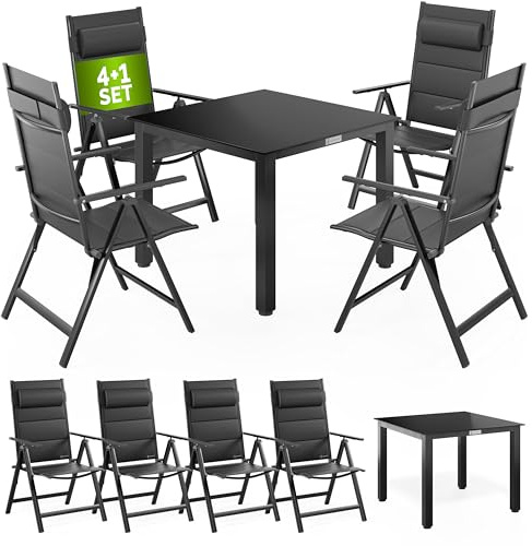 Casaria® Gartenmöbel Set 4 Stühle Klappbar mit Gartentisch Alu inkl. Kopfkissen 8-Fach verstellbare Rückenlehne 90x90cm Wetterfest Outdoor Terrasse Balkon Sitzgruppe Anthrazit