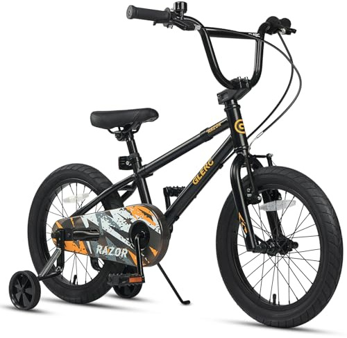Glerc Razor Vélo Enfant 16 Pouces pour Garçons Jeunes 4 5 6 7 Ans Premier Vélo Style BMX avec Béquille et Sonnette de Sécurité et Roues Stabilisatrices Amovibles, Noir