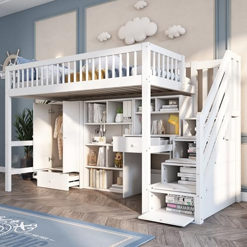 Kids Bunk Bed with Desk&Stairs, 3ft Single Bed Frame with Wardrobe&Lockers&Drawers, Children Multifunctional Loft Bed Household Beds with Anti-fall Railings&Slatts, Solid Wood&MDF Construction, White